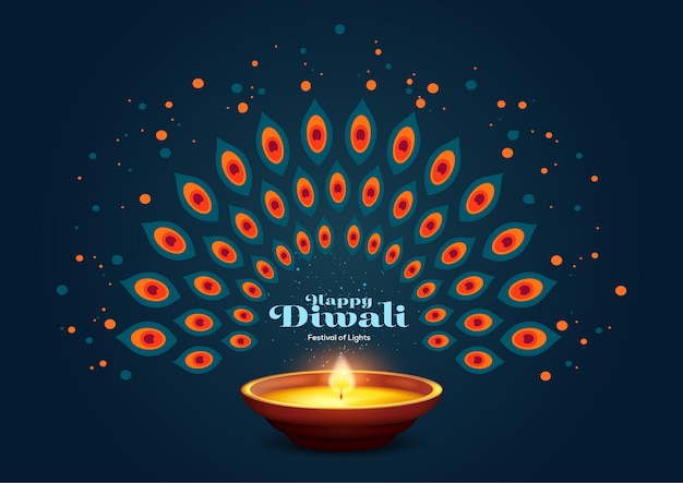 Fröhliches Diwali-Poster mit Diya-Lampe und Pfau