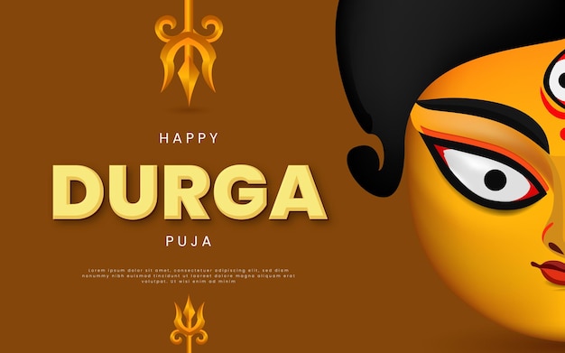 Fröhliches Durga-Puja- und Navratri-Festival, das Banner mit Illustration von Devi-Gesicht und Trishul . wünscht