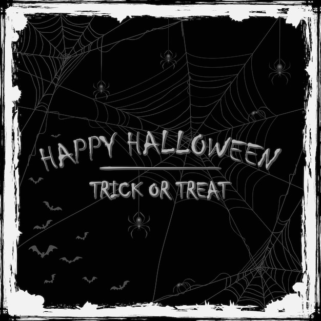 Fröhliches Halloween auf schwarzem Grunge-Hintergrund mit Spinnen