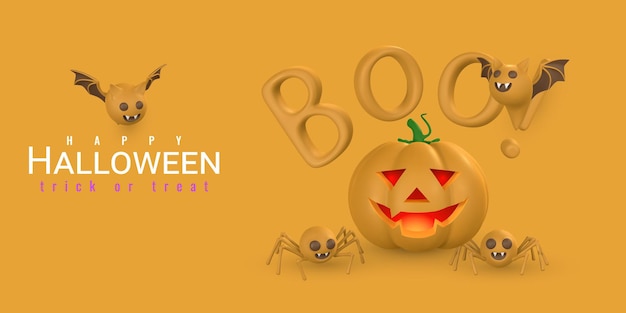 Fröhliches halloween-banner-design niedliche cartoon-3d-halloween-elemente vektorillustration