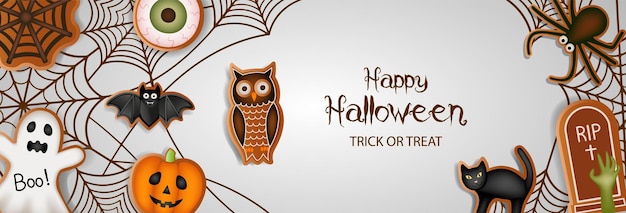 Fröhliches Halloween-Banner mit Lebkuchen und Spinnweben