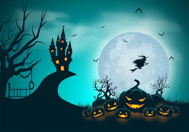 Fröhliches halloween-banner oder party-einladung hintergrund mit leuchtenden kürbissen, vollmond und schloss