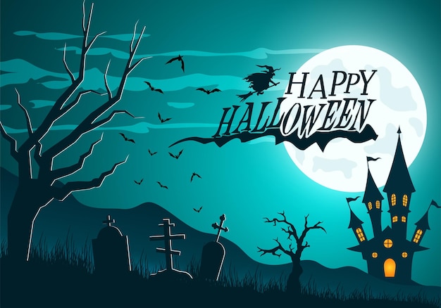 Vektor fröhliches halloween-banner oder party-einladung hintergrundillustration mit landschaftsmond und jagdschloss