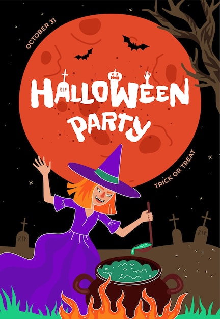 Vektor fröhliches halloween-feiertags-party-poster oder grußkarten-design-vorlage hexe braut zaubertrank in