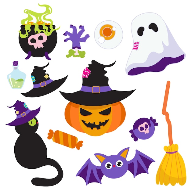 Fröhliches Halloween-Set aus Elementen, Geisterkürbis, Fledermaus und Katze. Vektor ist eine niedliche Illustration in der Hand, Dr