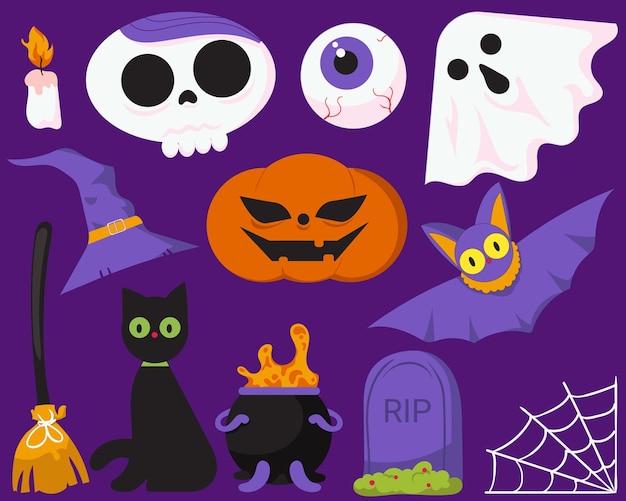 Fröhliches Halloween-Set aus Elementen, Geisterkürbis, Fledermaus und Katze. Vektor ist eine niedliche Illustration in der Hand, Dr