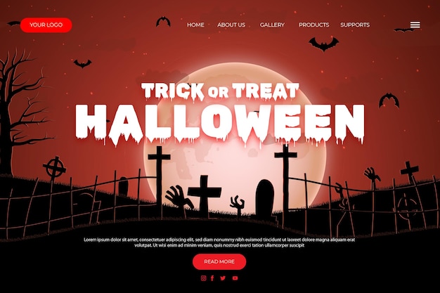 Fröhliches halloween-website-design. flache halloween-landing-page-vorlage mit silhouetten von kürbissen, b