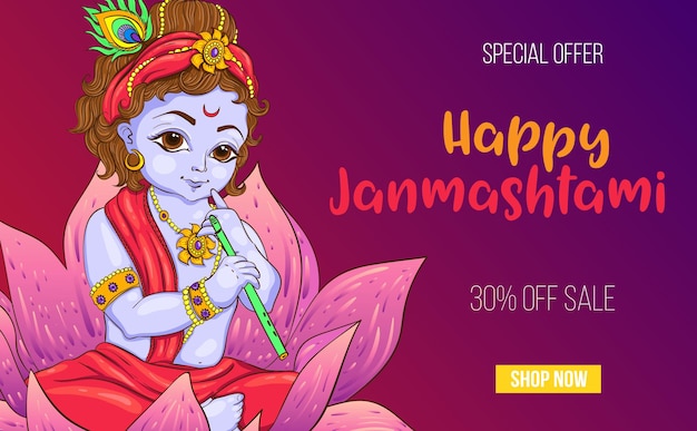 Fröhliches janmashtami-verkaufsbanner. krishna-vektor-illustration. eps10