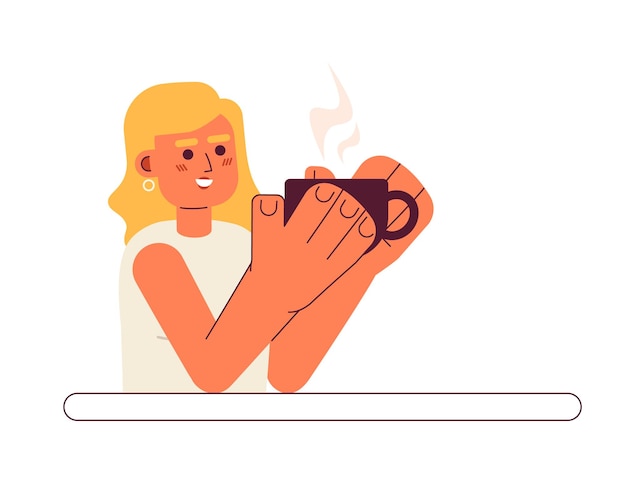 Vektor fröhliches kaukasisches mädchen halb flache farbvektorfigur junge frau, die kaffee trinkt caffetteria bearbeitbare halbe körperperson auf weiß einfache cartoon-spot-illustration für web-grafikdesign
