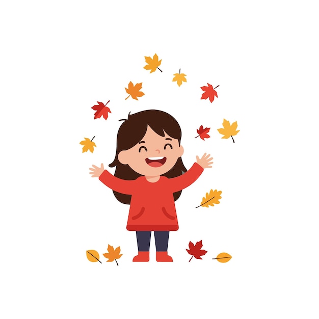 Fröhliches Mädchen mit braunen Haaren in rotem Pullover spielt fröhlich mit fallenden Herbstblättern in einer minimalen flachen Vektorillustration