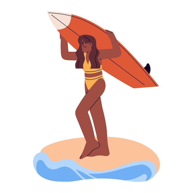 Fröhliches Mädchen mit Surfbrett. Aktive junge Surferin, die mit einem Brett zum Surfen am Meeresstrand läuft. Wassersportaktivitäten in den Sommerferien. Flache Vektorillustration isoliert auf weißem Hintergrund