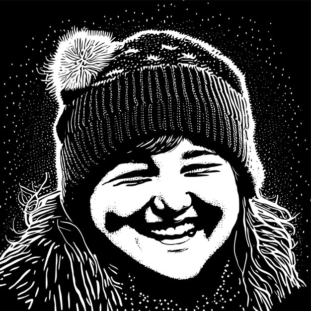 Vektor fröhliches molliges mädchen mit wintermütze, handgezeichnete cartoon-aufkleber-symbol-konzeptillustration