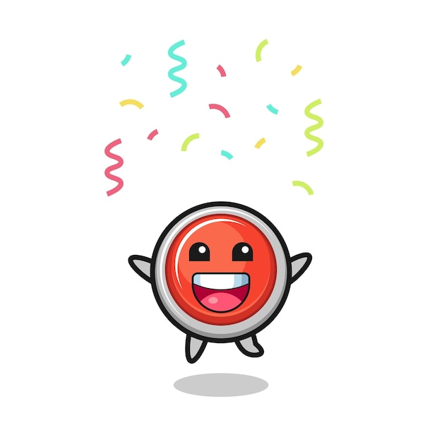 Fröhliches notfall-panikknopf-maskottchen, das zur gratulation mit farbigem konfetti springt