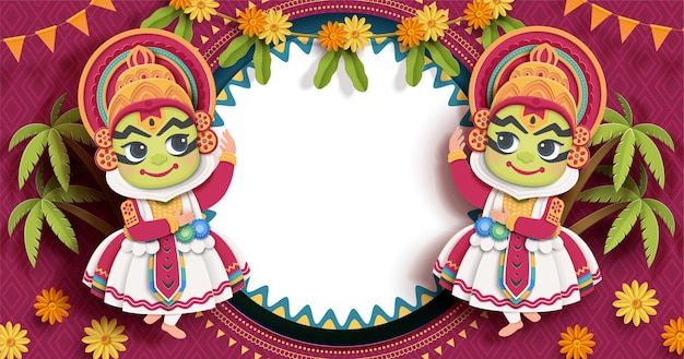 Fröhliches onam-festival-design mit süßer kathakali-tänzerin auf burgunderrotem hintergrund in papierkunst