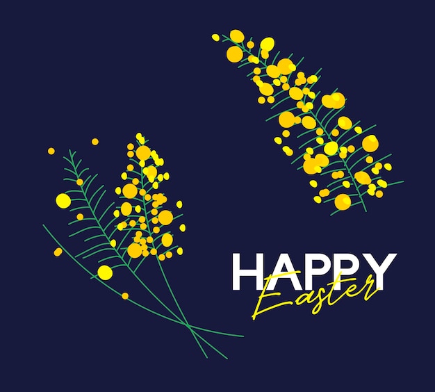 Fröhliches Ostern-Banner-Design mit Frühlingsblüten und dunkelblauem Hintergrund Feiertags-Ostern-Hintergrund