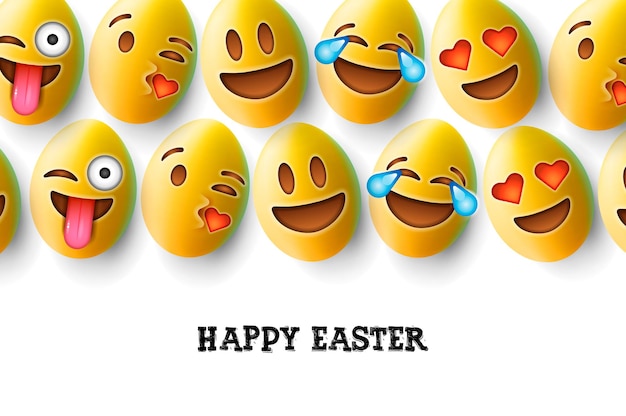 Fröhliches Osterplakat, Ostereier mit niedlichen lächelnden Emoji-Gesichtern, Vektorillustration.
