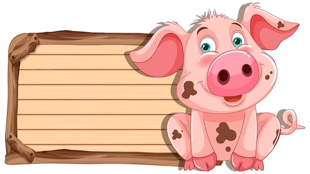 Vektor fröhliches schwein mit holzschild-illustration