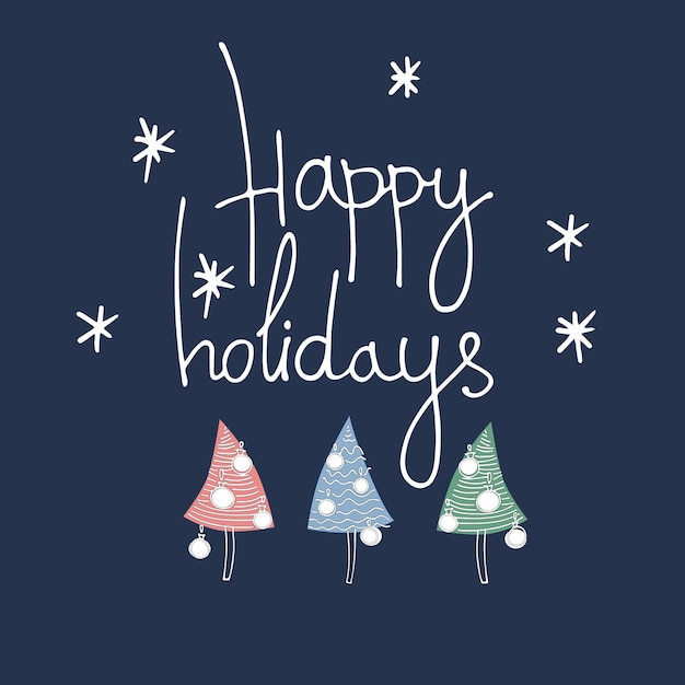 Frohe Feiertage-Grußkarte im modernen Stil. Handgezeichnete Weihnachtsbäume mit Schneeflocken und blauem Hintergrund