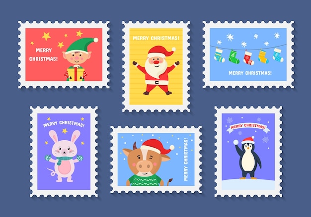 Frohe niedliche weihnachtsmarke mit feiertagssymbolen und dekorationselementen. sammlung von briefmarken mit weihnachtsdekorationssymbolen.