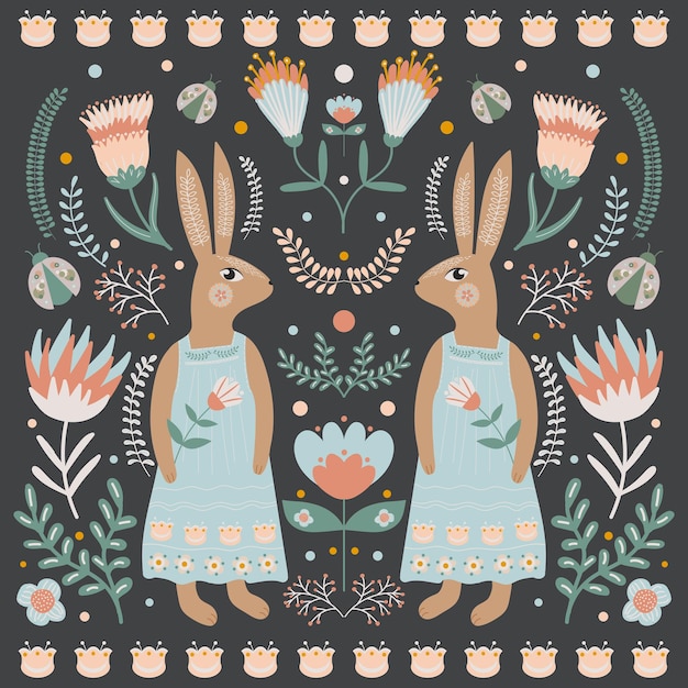 Frohe Osterkarte im Volkskunststil Hase oder Hase in einem Kleid und Blumenmotiven Frühling