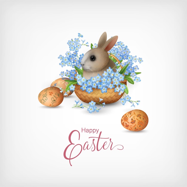 Frohe Osterkarte mit einem Korb voller Frühlingsblumen, gemalter Eier und niedlichem kleinen Kaninchen
