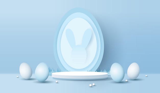 Frohe ostern blauer hintergrund und papierkunst podium display für produktpräsentation branding und verpackungspräsentation studiobühne mit eiern und kaninchen hintergrund vektordesign