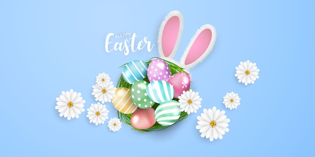 Frohe Ostern Hintergrund. Kaninchen glänzen dekorierte Eier