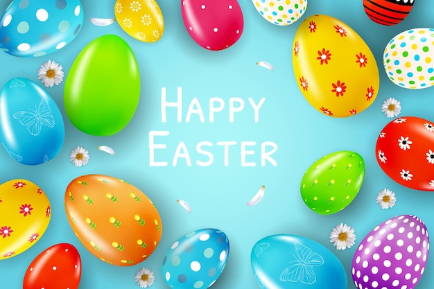 Frohe Ostern-Illustration mit bunt bemaltem Ei und Kaninchenohren