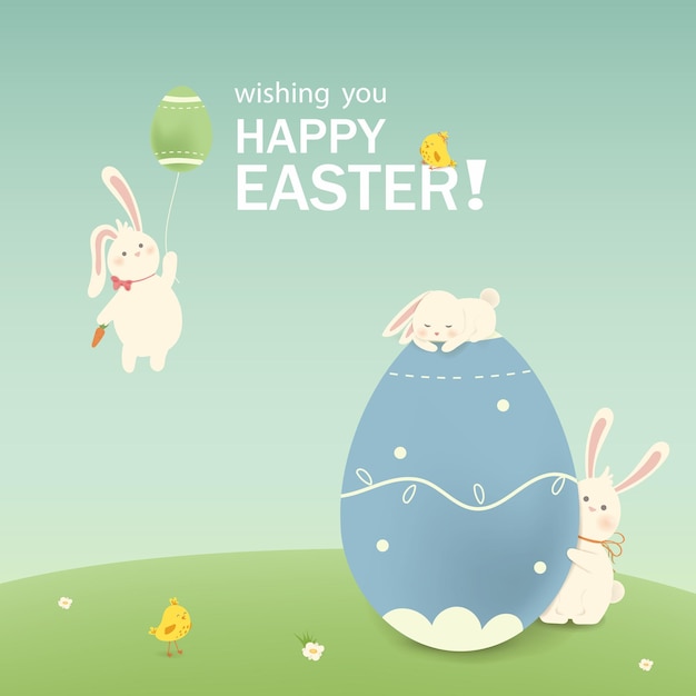Frohe Ostern Ostern Kaninchen Hase mit Eiern Gras Blumen im Feld