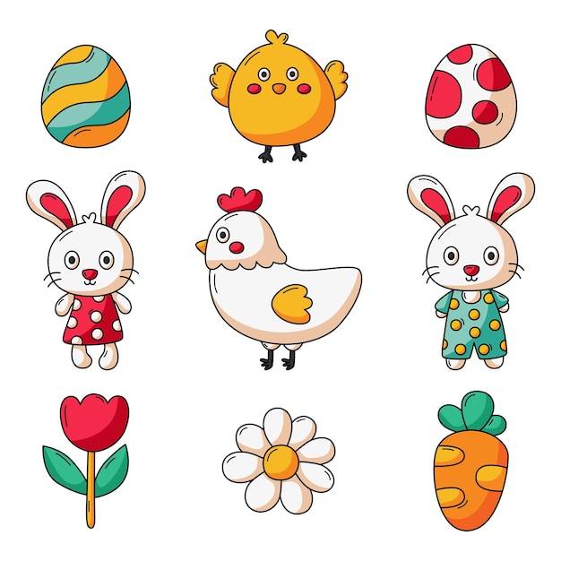 Frohe Ostern Tag Set Zeichentrickfigur Kaninchen und Küken isoliert auf weißem Hintergrund