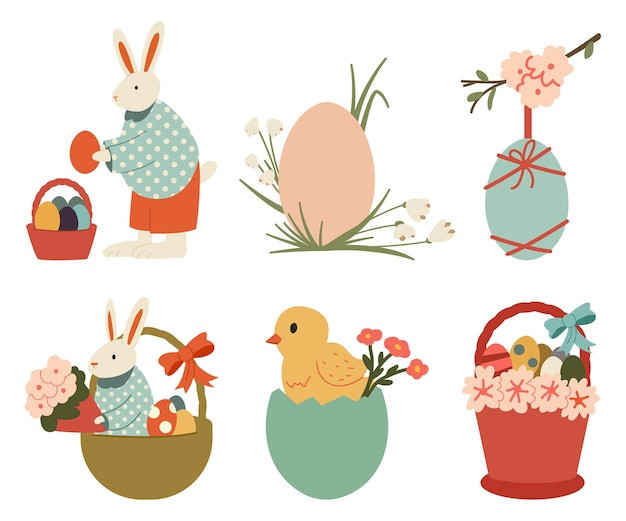 Vektor frohe ostern vektor cartoon illustration set mit hase, küken, eier, korb, frühlingsblumen und handgeschriebenen text isoliert.