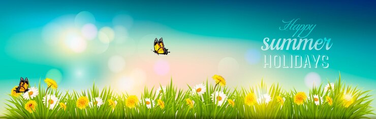 Frohe Sommerferien-Banner mit Blumen, Gras und Schmetterlingen. Vektor.