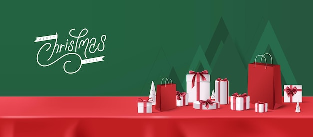Frohe weihnachten banner rote tischdecke produktpräsentation mit kopierraum und geschenkbox dekorieren