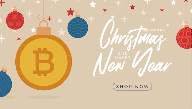 Frohe weihnachten-bitcoin-symbol-banner. bitcoin-zeichen als weihnachtskugel kugel hängende grußkarte. vektorbild für weihnachten, finanzen, neujahr, bankwesen, geld