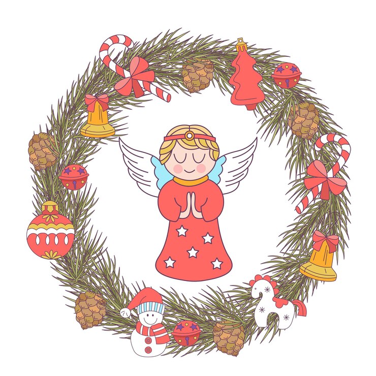 Vektor frohe weihnachten. ein weihnachtskranz und ein engel.