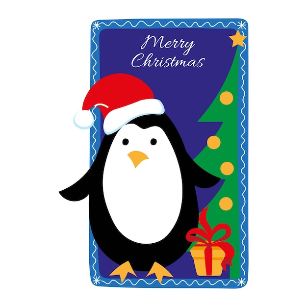 Frohe Weihnachten Feiertagsgrußkarte mit Pinguinbaum und Geschenk im flachen Stil Gut für Postkartenkartencover Poster Poster und Kinderzimmerdekorationx9