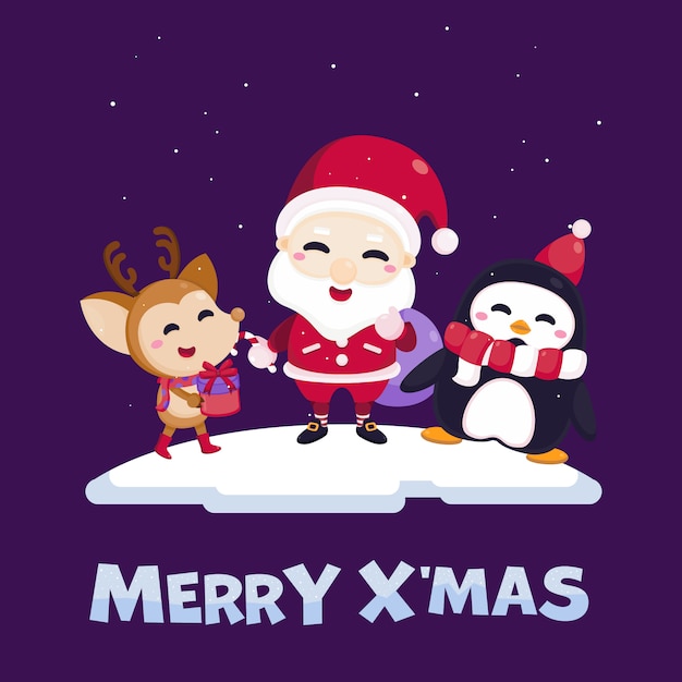 Frohe weihnachten grußkarte mit niedlichen weihnachtsmann, rentier, pinguin und geschenkbox.