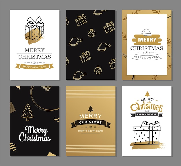 Frohe weihnachten grußkarten mit gold luxus dekoration vorlagen set von feiertagsplakaten tag banner postkarten design