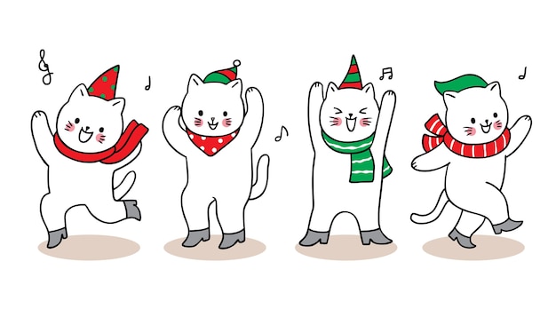 Frohe weihnachten hand zeichnen cartoon niedlichen katzen tanzen.