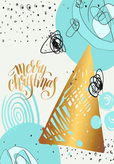 Frohe weihnachten handgeschriebene kalligraphie mit baum schneeflocken grußkarte urlaub