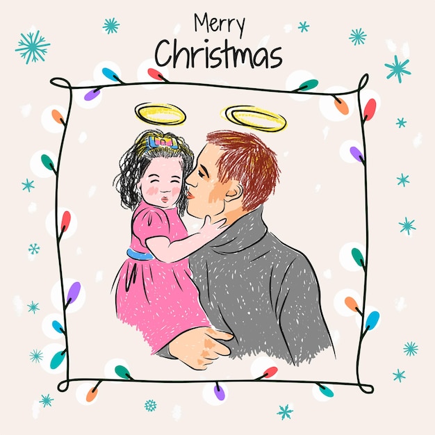 Frohe weihnachten handgezeichnete illustration eines jungen vaters mit seiner tochter in seiner waffenfamilie