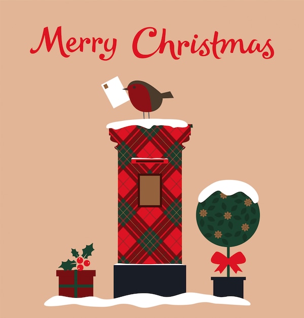 Frohe weihnachten-karte mit briefkasten, baum und robin.