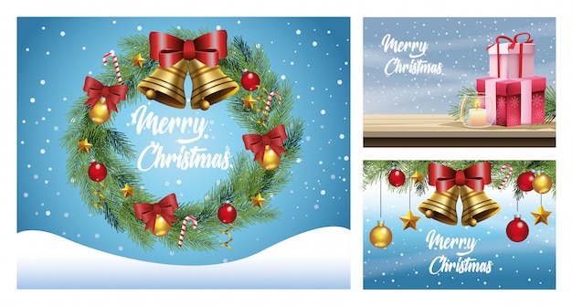 Frohe weihnachten karten mit schneelandschaften und dekorationen vektor-illustration design