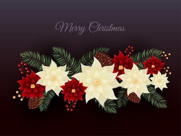 Frohe weihnachten-konzept mit weihnachtsstern blumen tannenblätter tannenzapfen und beeren auf kastanienbraunem hintergrund mit farbverlauf