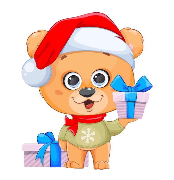 Frohe Weihnachten Lustiger Bär in Weihnachtsmütze mit Geschenkbox Niedliche kleine Bären-Cartoon-Figur