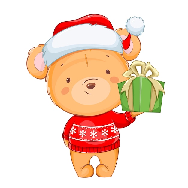 Frohe Weihnachten. Lustiger kleiner Bär. Netter Zeichentrickfilm-Figurbär in Sankt-Hut, der Geschenkbox hält. Vektorgrafik auf weißem Hintergrund