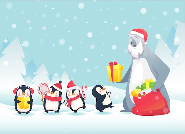 Frohe weihnachten mit niedlichen tieren. eisbär gibt pinguinen weihnachtsgeschenke.