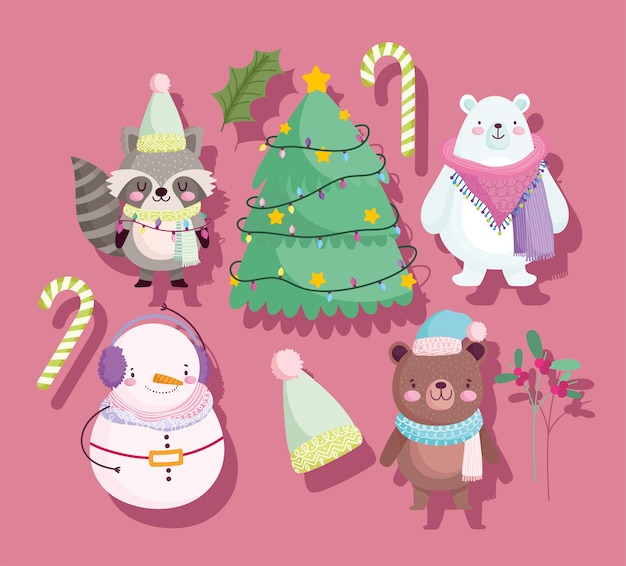 Frohe Weihnachten, niedliche Tiere tragen Schneemann Waschbär Baum Zuckerstange und Hut Ikonen Cartoon Illustration