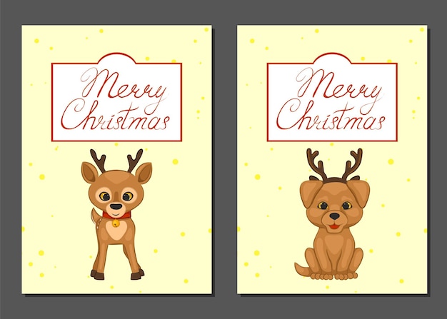 Frohe weihnachten-poster, banner, grußkarten-set. rentier und hund mit hörnern