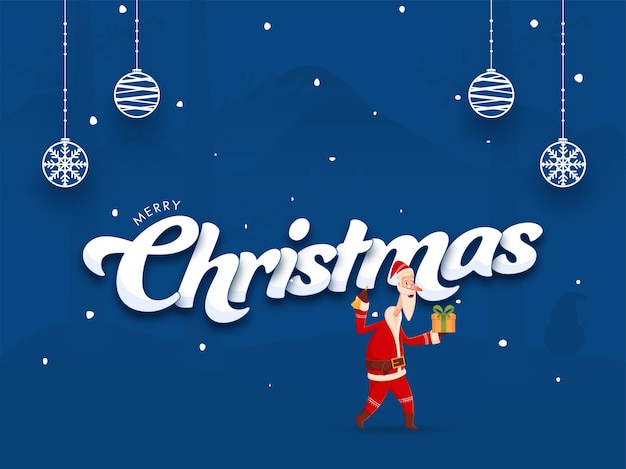 Frohe weihnachten schrift mit weihnachtsmann mit geschenkbox, jingle bell und hängenden kugeln auf blauem hintergrund.